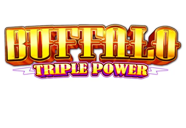  Buffalo Triple Power slot game logo with bold golden text, pink lightning bolts, and vibrant gradient effects at Little River Casino Resort in Manistee, Michigan