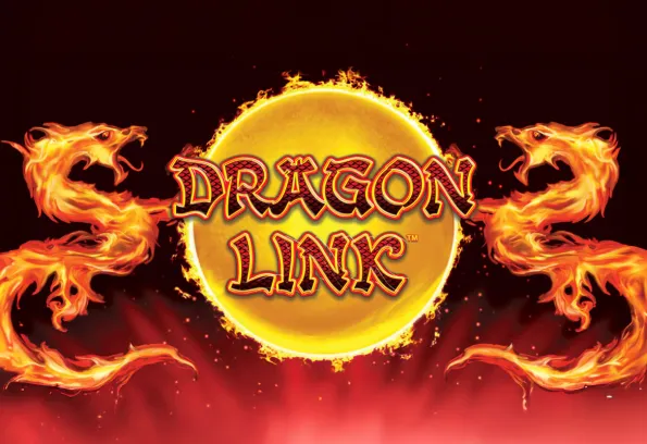 Dragon Link™ slot game logo with flaming dragons and glowing gold coin at Little River Casino Resort in Manistee, Michigan