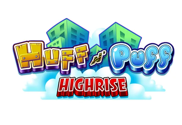 Huff Puff Highrise slot game logo with cartoon-style lettering and high-rise buildings at Little River Casino Resort in Manistee, Michigan