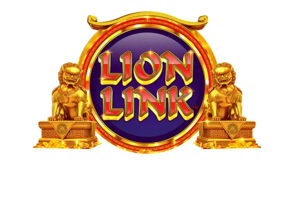 Lion Link slot game logo with golden lion statues and ornate blue and gold emblem at Little River Casino Resort in Manistee, Michigan