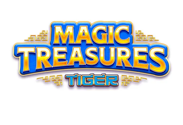 Magic Treasures Tiger slot game logo with bold gold and blue text and geometric accents at Little River Casino Resort in Manistee, Michigan