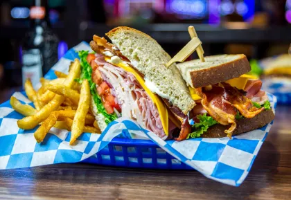 Sandwich and fries in a blue basket 