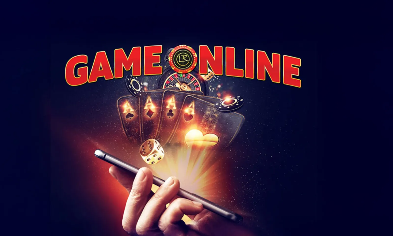 Smartphone surrounded by playing cards, roulette wheel, dice, and poker chips with ‘GAME ONLINE’ text at Little River Casino Resort in Manistee, Michigan