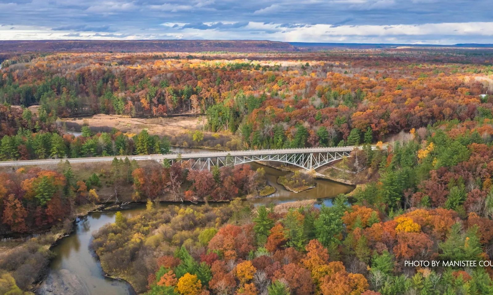 aerial view of fall colors in Manistee County michigan