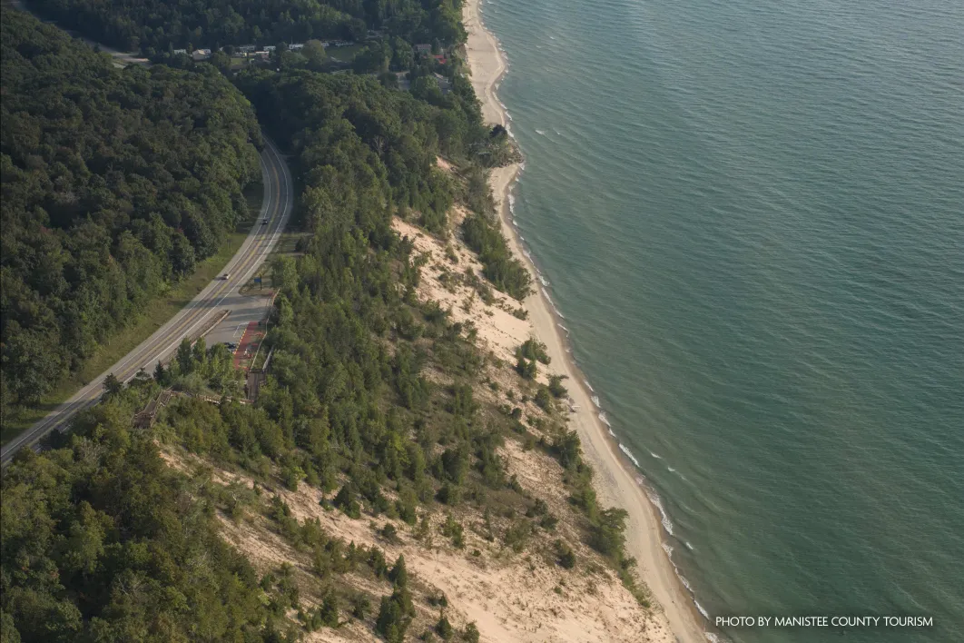 Aerial view of the M22 highway along lake Michigan in Manistee County
