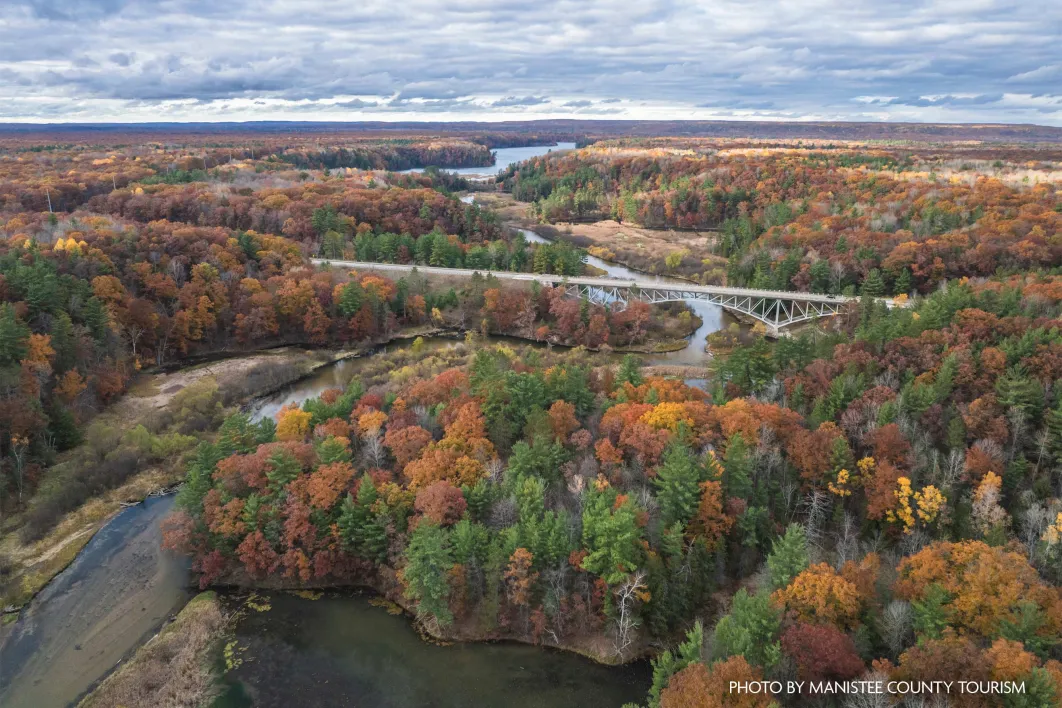 aerial view of fall colors in Manistee County michigan